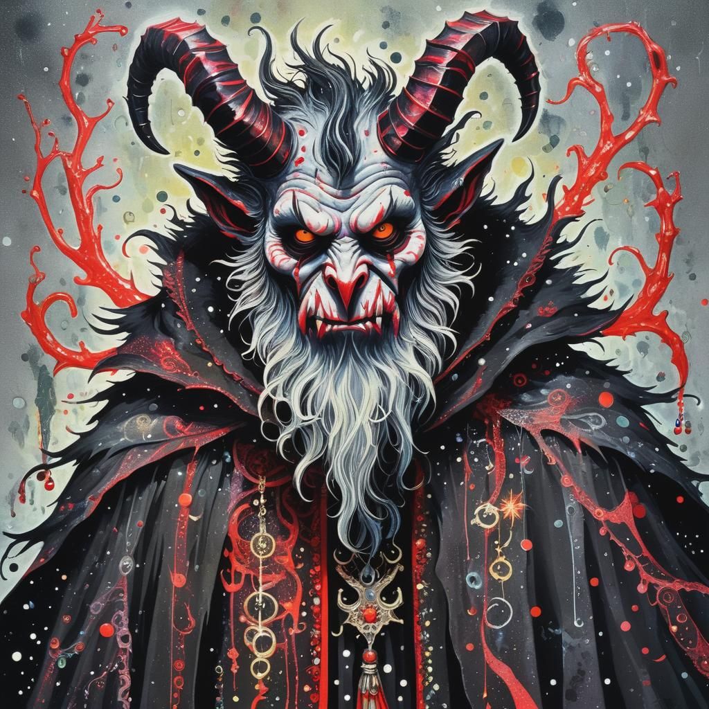Red Krampus in Cloak: Pointillist Contemporary Art