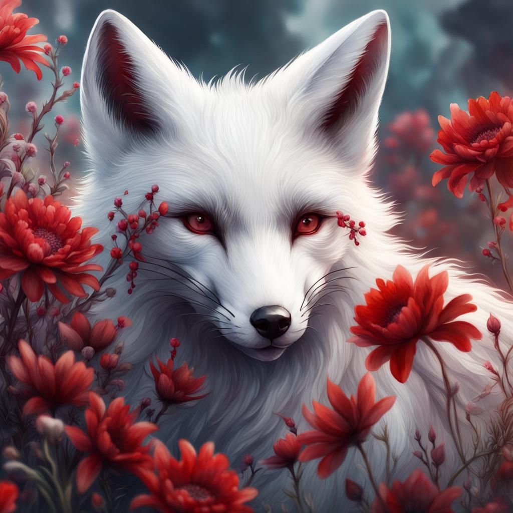 White Fox Among Red Flowers: Watercolor Art