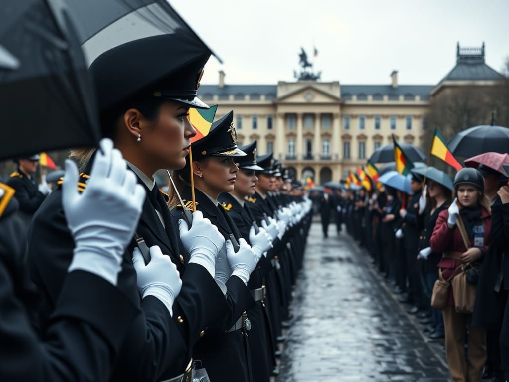 Female Cadets Parade in Brussels on Rainy Day