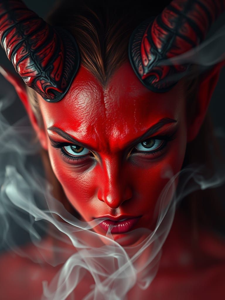 Tiefling Demon Woman: Intense Gaze in Surreal Style