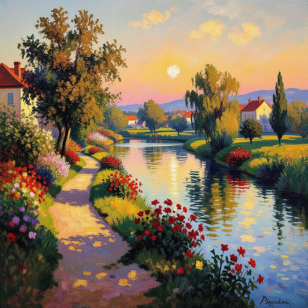Vibrant Impressionist Landscape with River and Fruit Trees