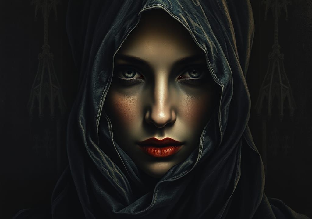 Mysterious Woman in Gothic Setting, Dark Surrealism