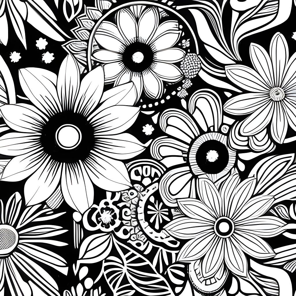 Ornate Floral Line Drawing in Monochrome