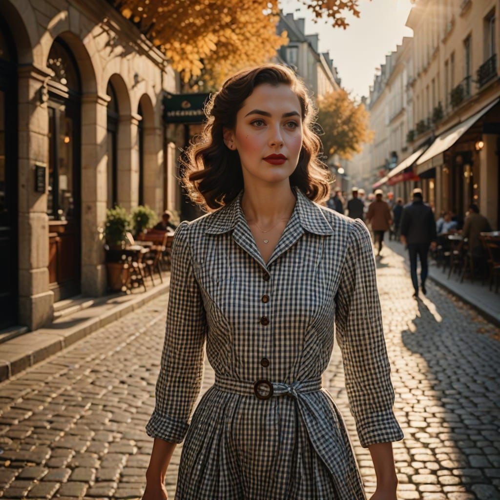 Elegant Woman in 1940s Dress Strolling Parisian Street