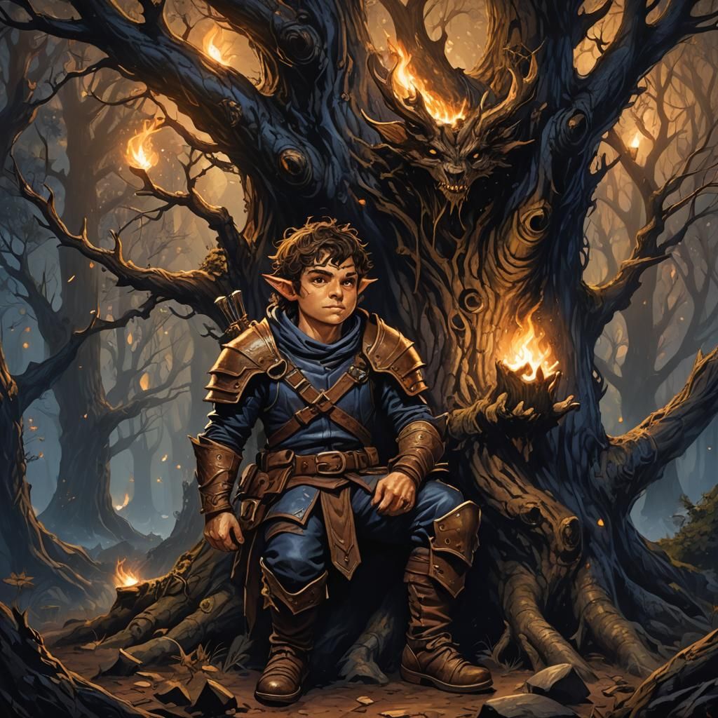 Halfling Bounty Hunter in Forest at Night