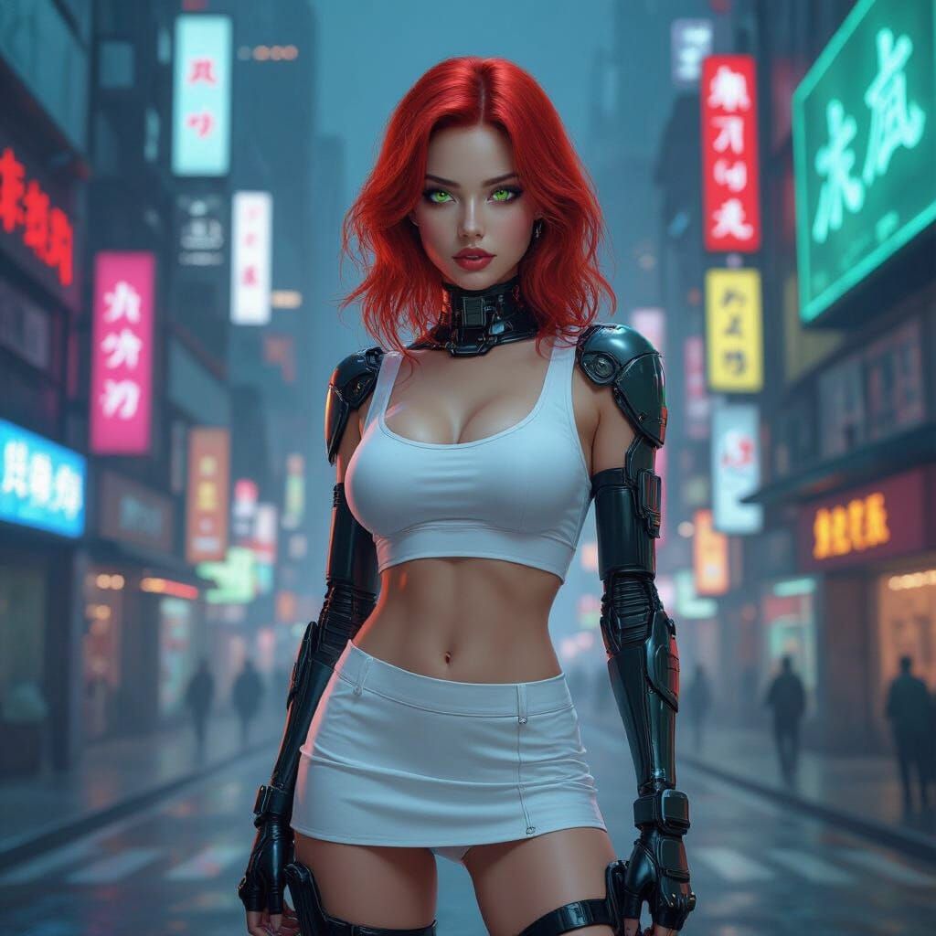 Cybernetically Enhanced Woman in Futuristic Cityscape
