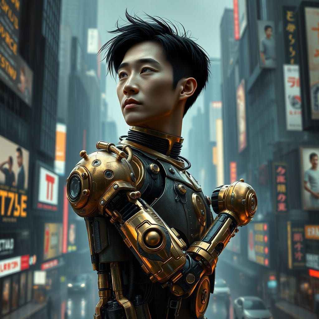 Cyborg in Futuristic, Steampunk Cityscape