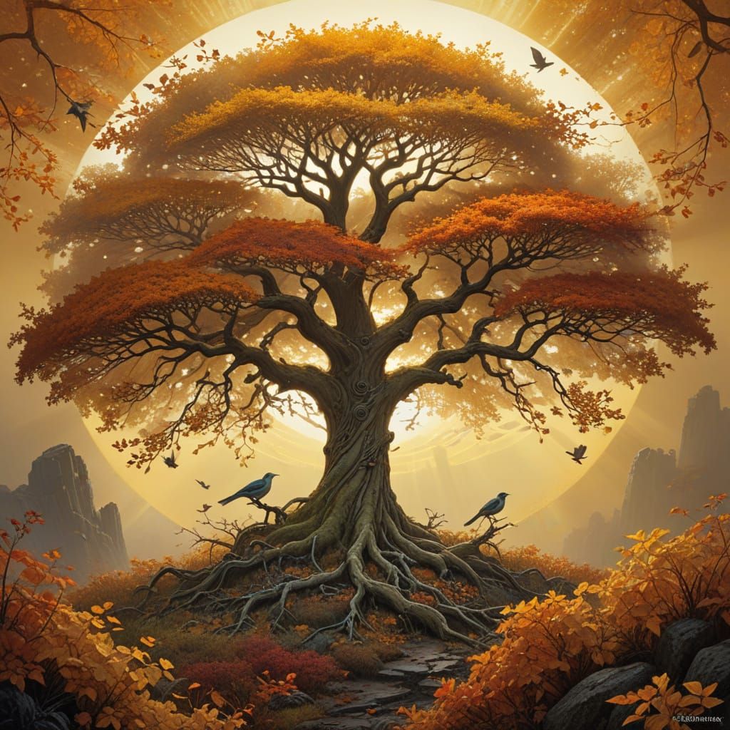 Autumn Tree Scene in Whimsical Artistic Style