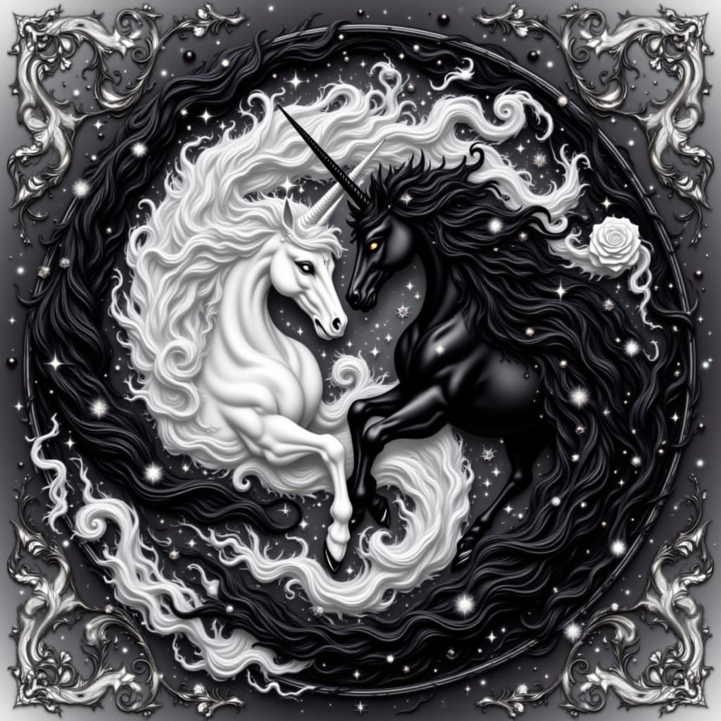 Black & White Unicorns in Yin Yang Symbol