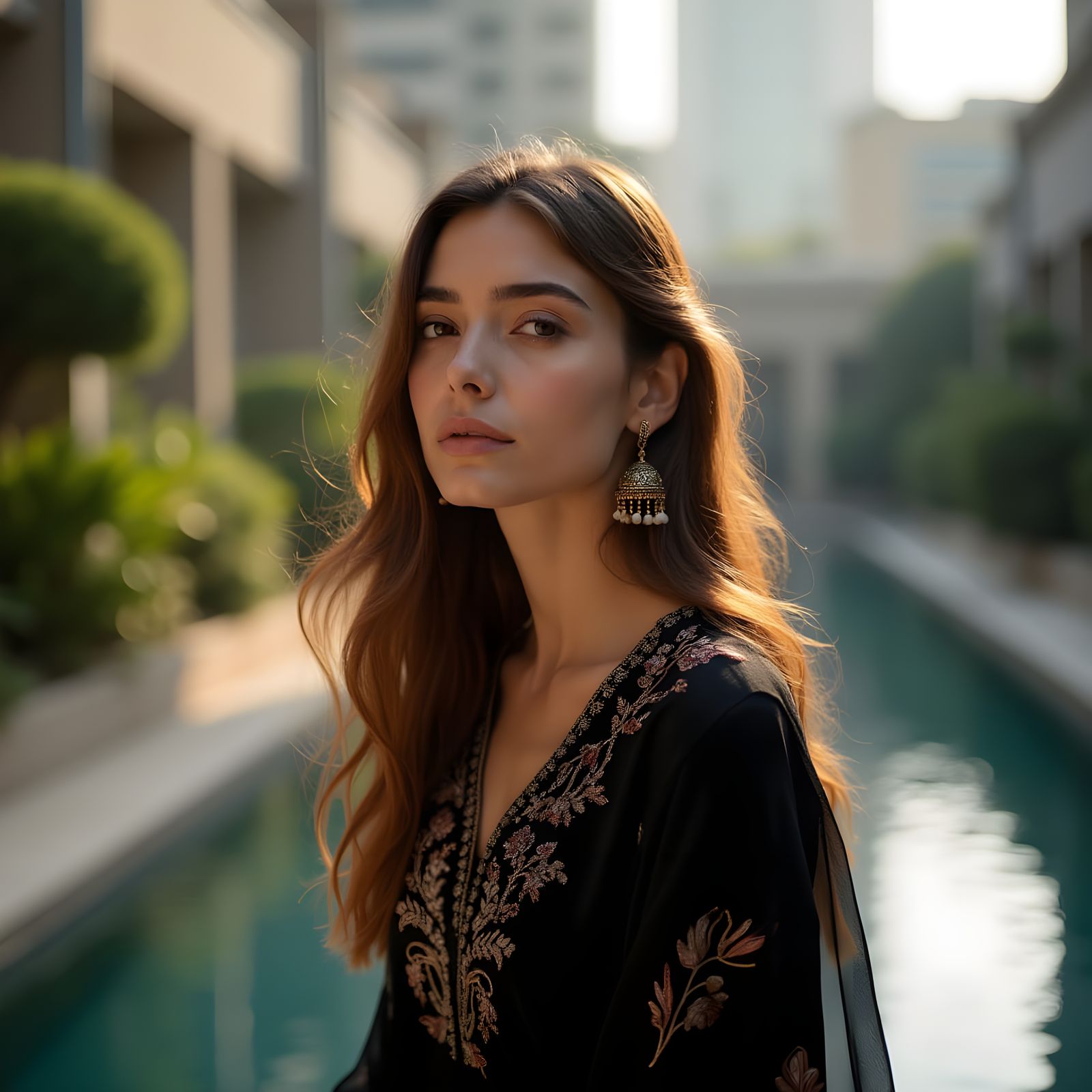 Elegant Woman in Urban Oasis