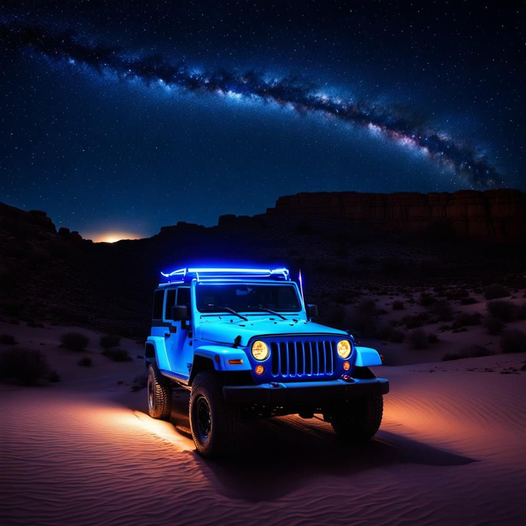 Blue Jeep Navigates a Desert Night