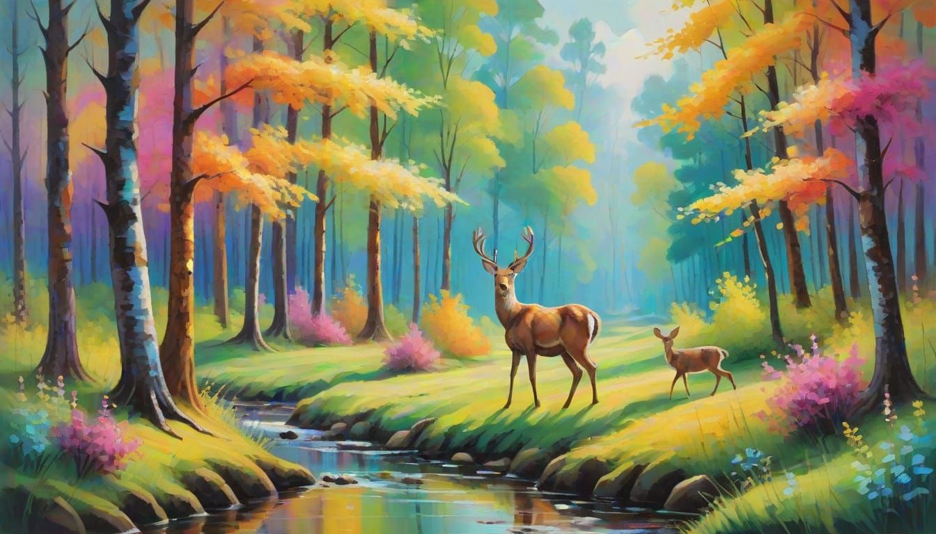Vibrant Woods Scene in Neo-Impressionist Oil Painting Style