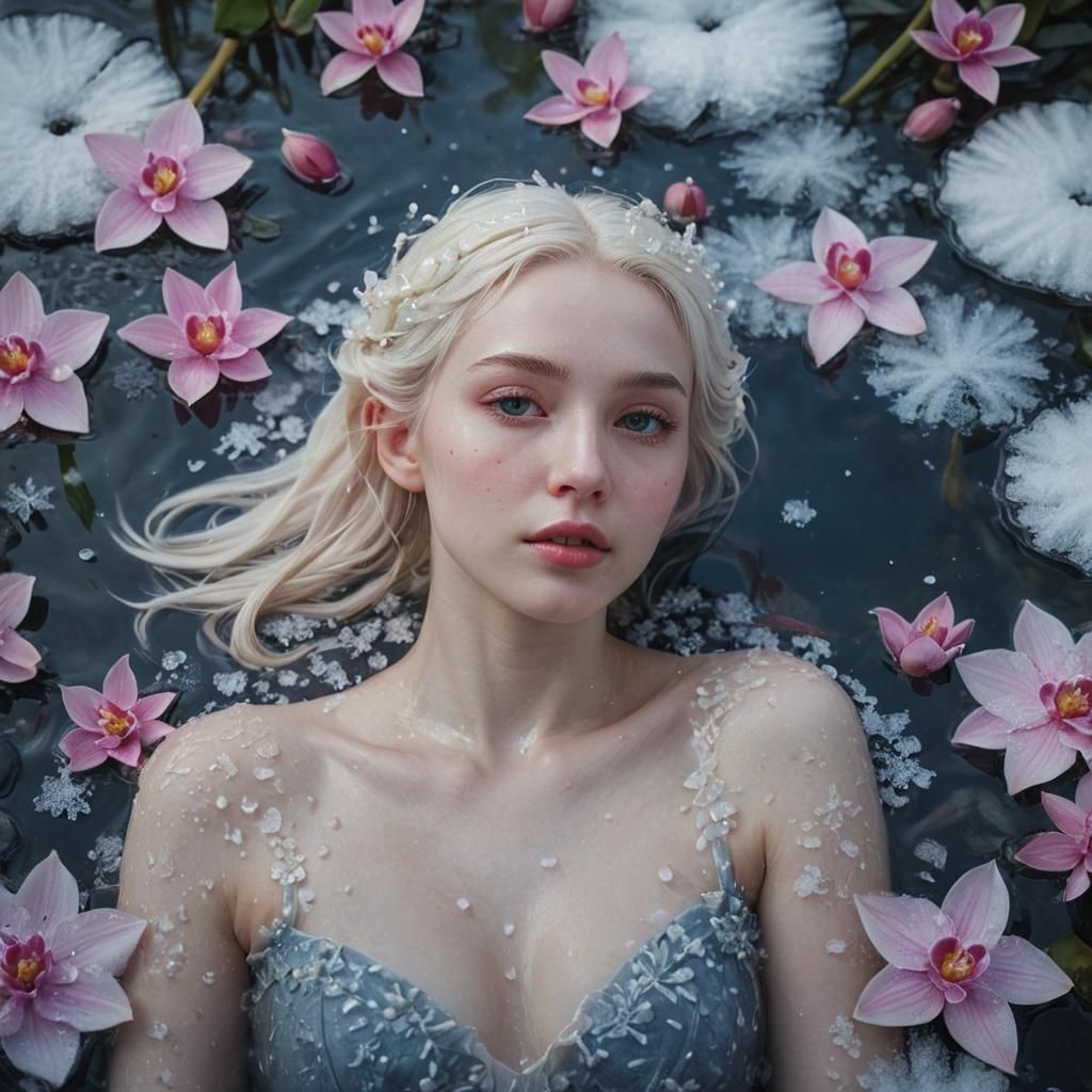 Serene Girl in Icy Water with Snow Lotuses
