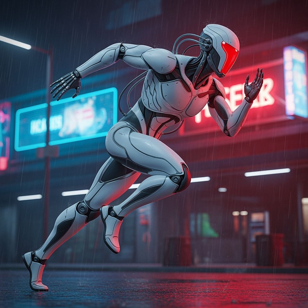 Cyberpunk Robot Running in Neon Cityscape
