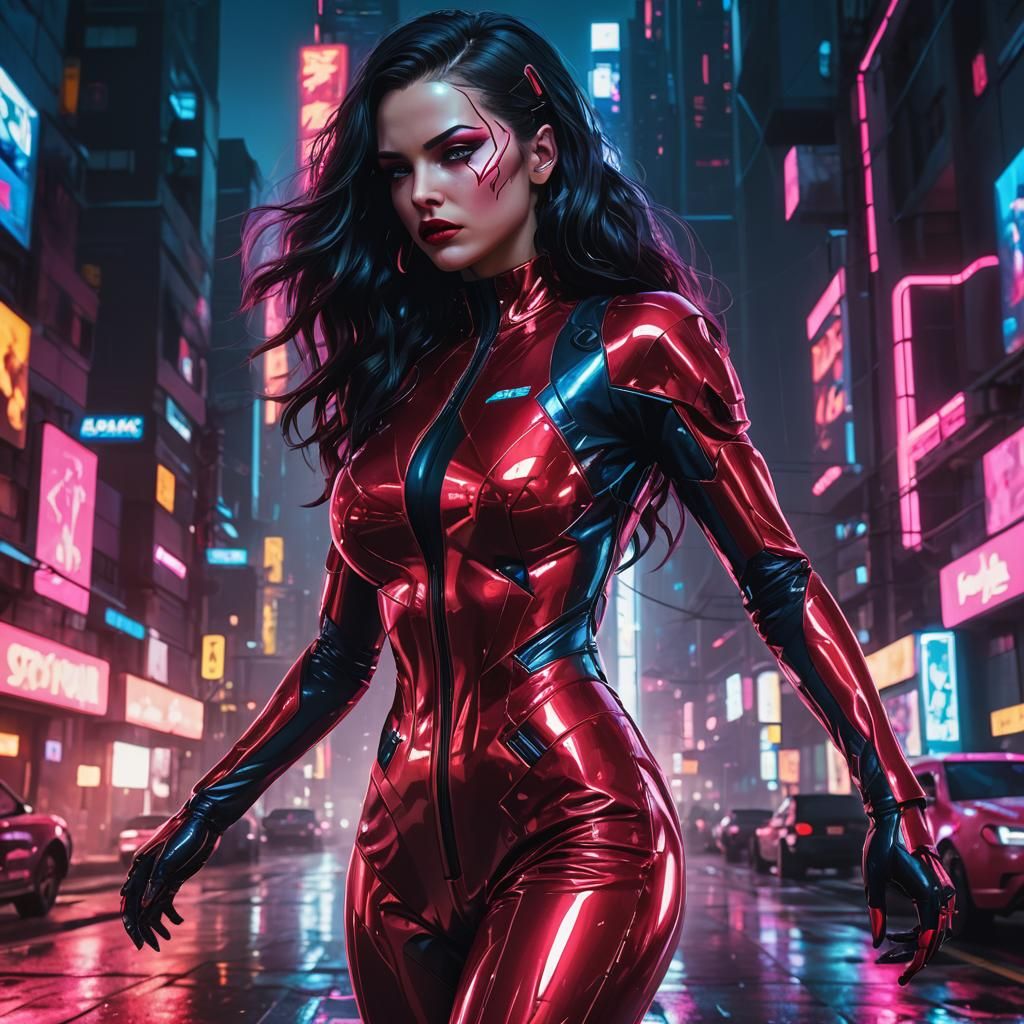 Cyberpunk Woman in Red Catsuit, Neon Cityscape