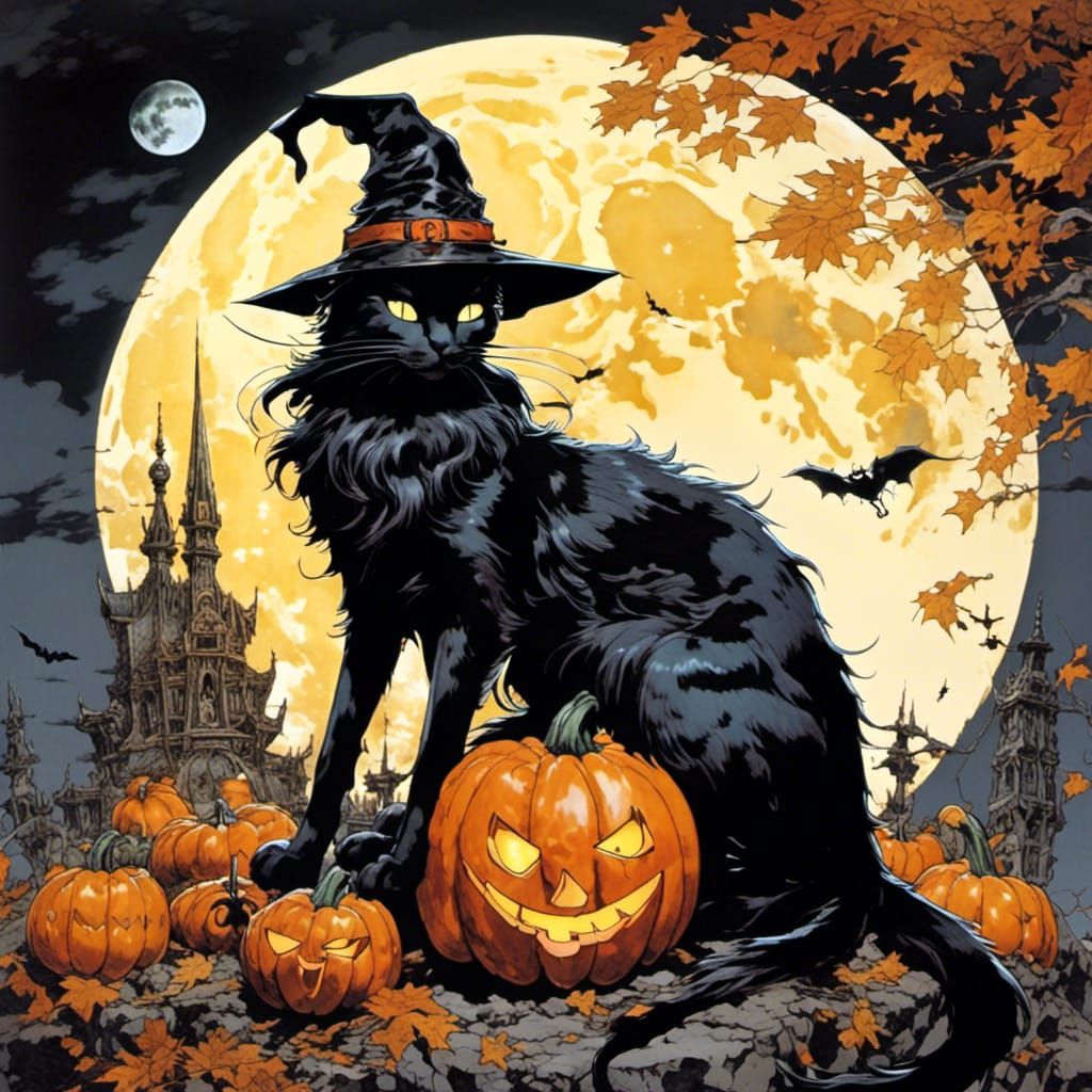 Black Cat Dreams of Halloween Night