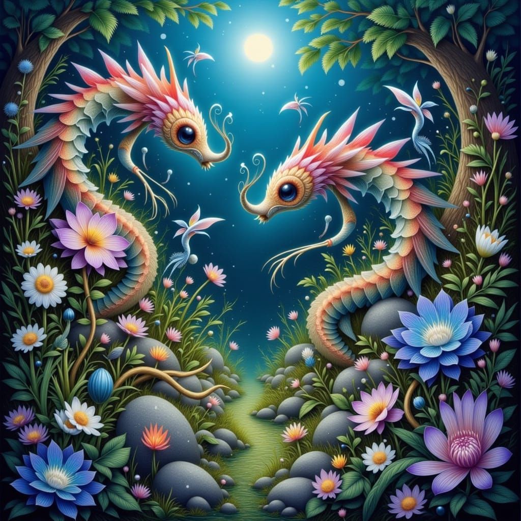 Ethereal Floral Creatures in a Glowing Alien Garden