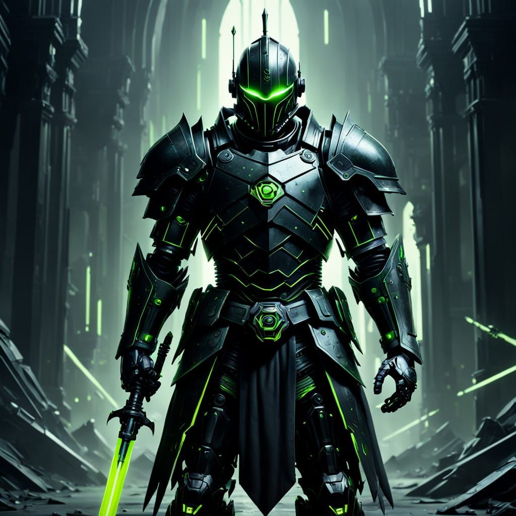 Epic Black Robot Knight Wields Brilliant Fluorescent Green L...