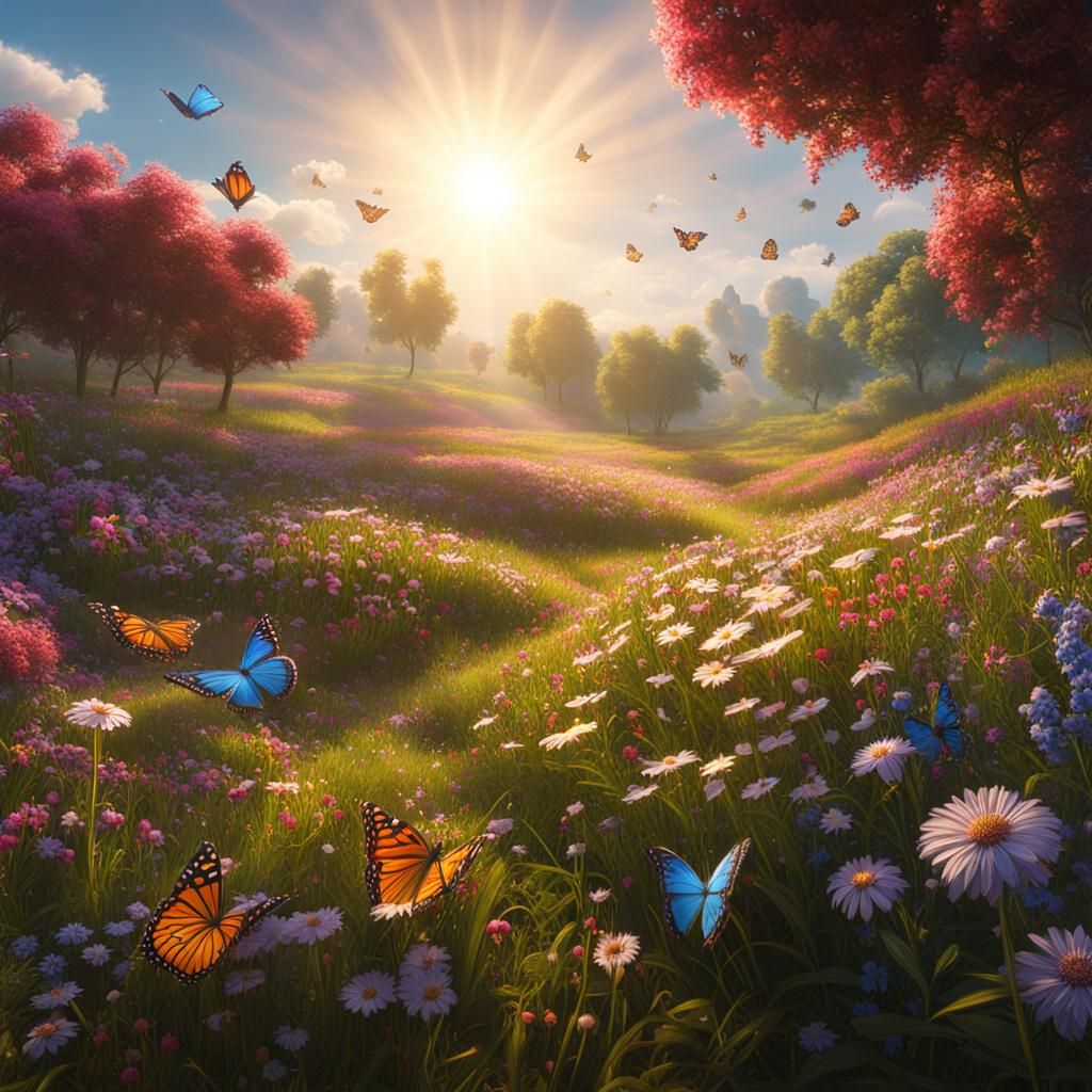 Lush Meadow Scene in Detailed Matte Painting Style