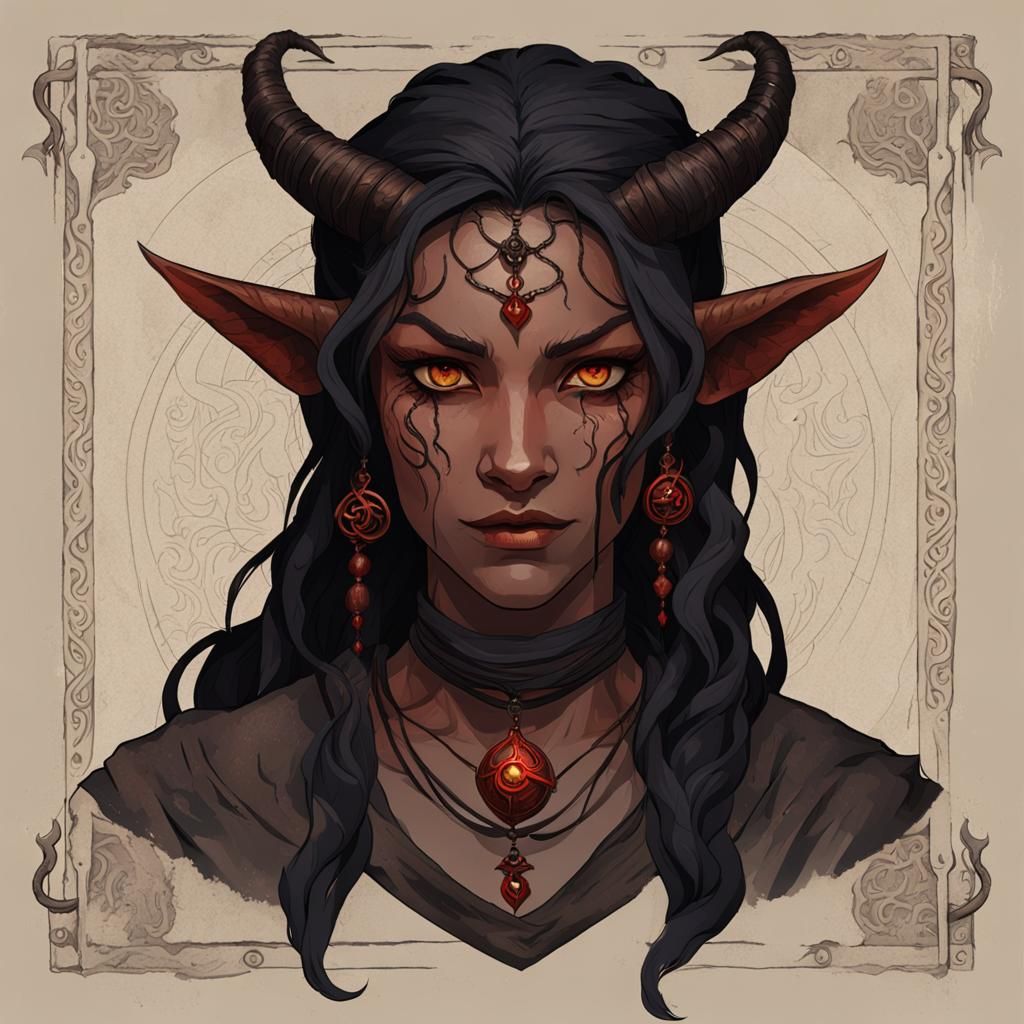Tiefling Druid with Vine Tattoos, Fantasy Art