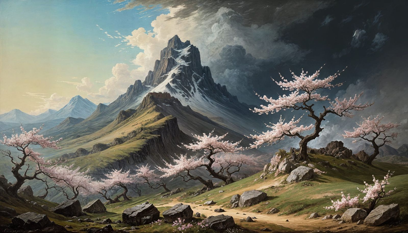 Surreal Spring Mountain Landscape in Vibrant Colors