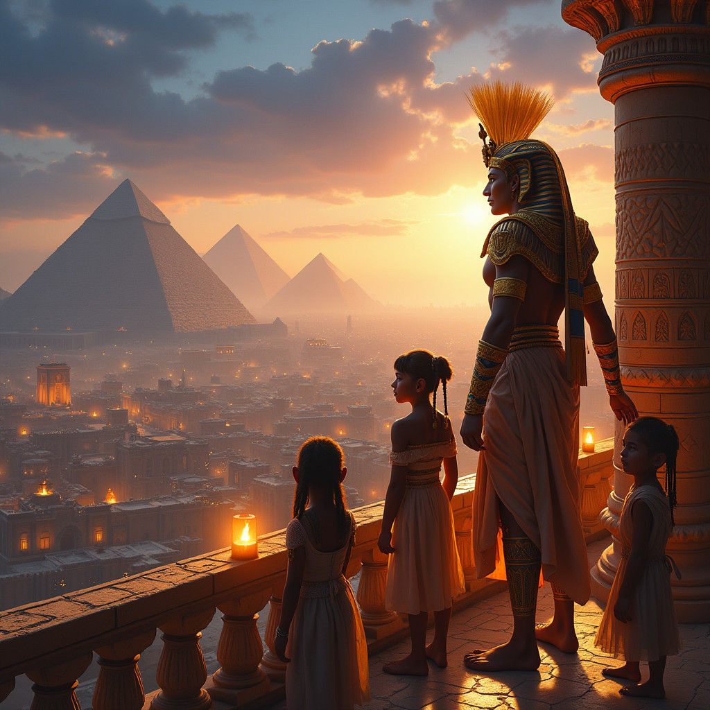 Egyptian Pharaoh and Family Overlooking Ancient City