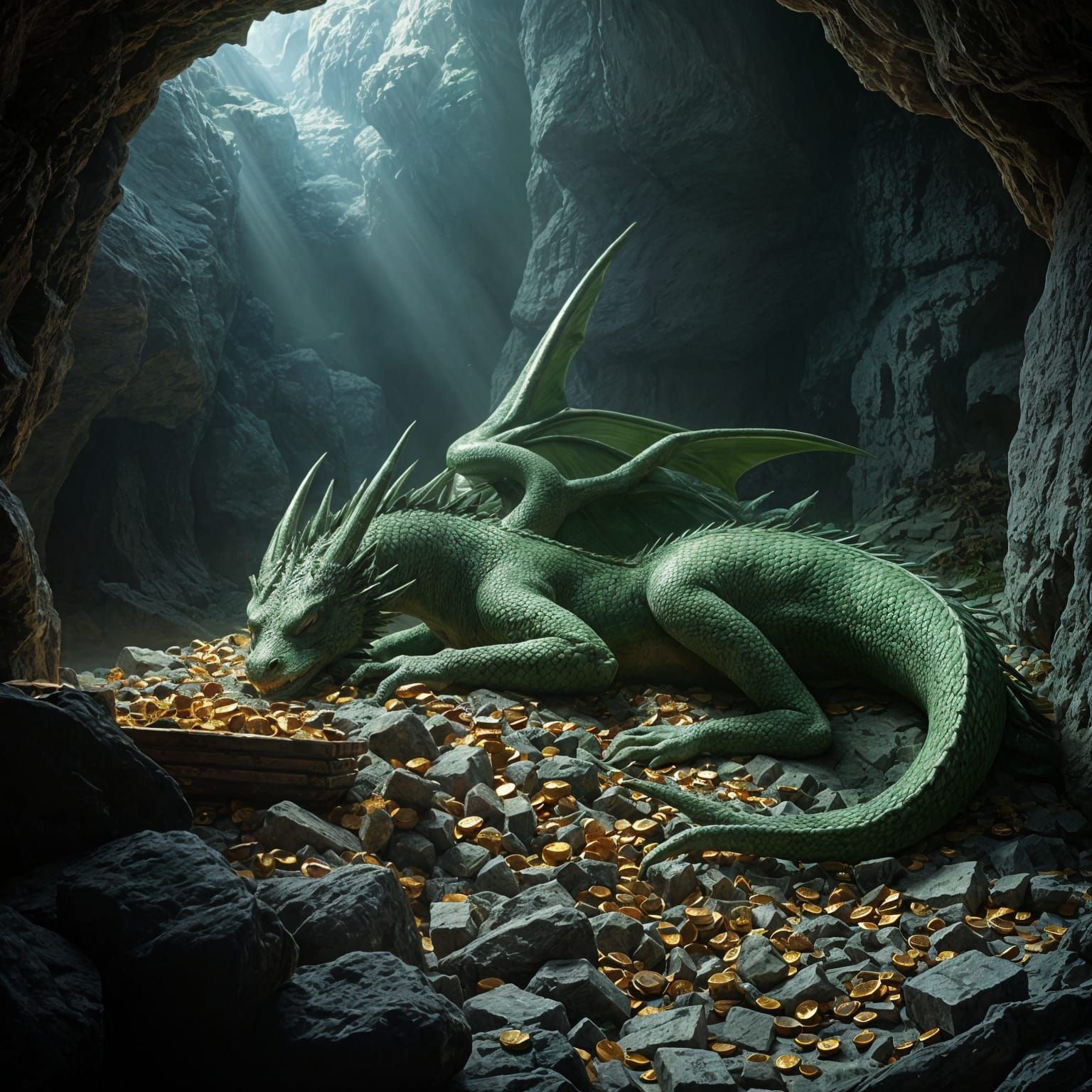 Green Dragon Sleeping on Treasure: Digital Matte Painting