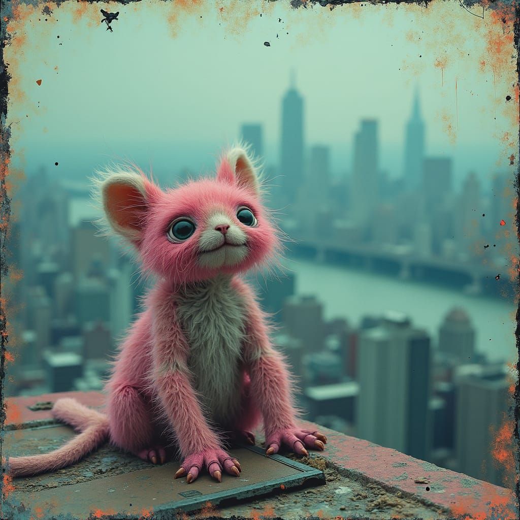 Surreal Neon Fuzzy Creatures on City Rooftop