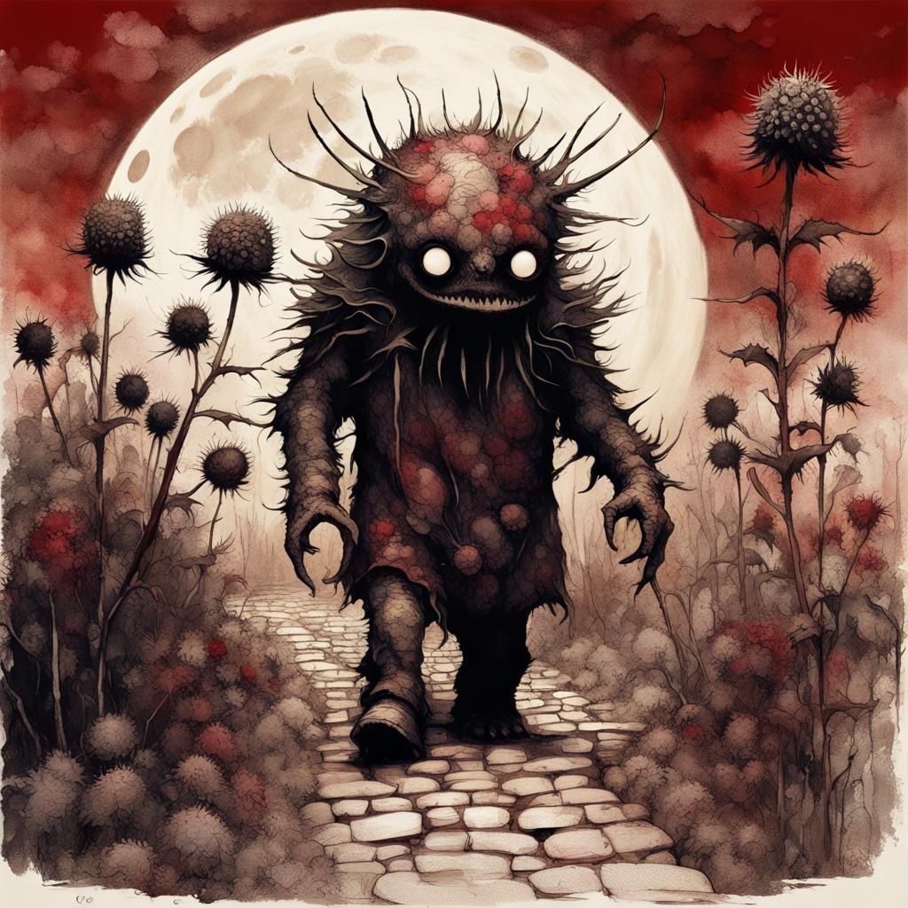 Cute Dark Fantasy Creature Walks to the Moon