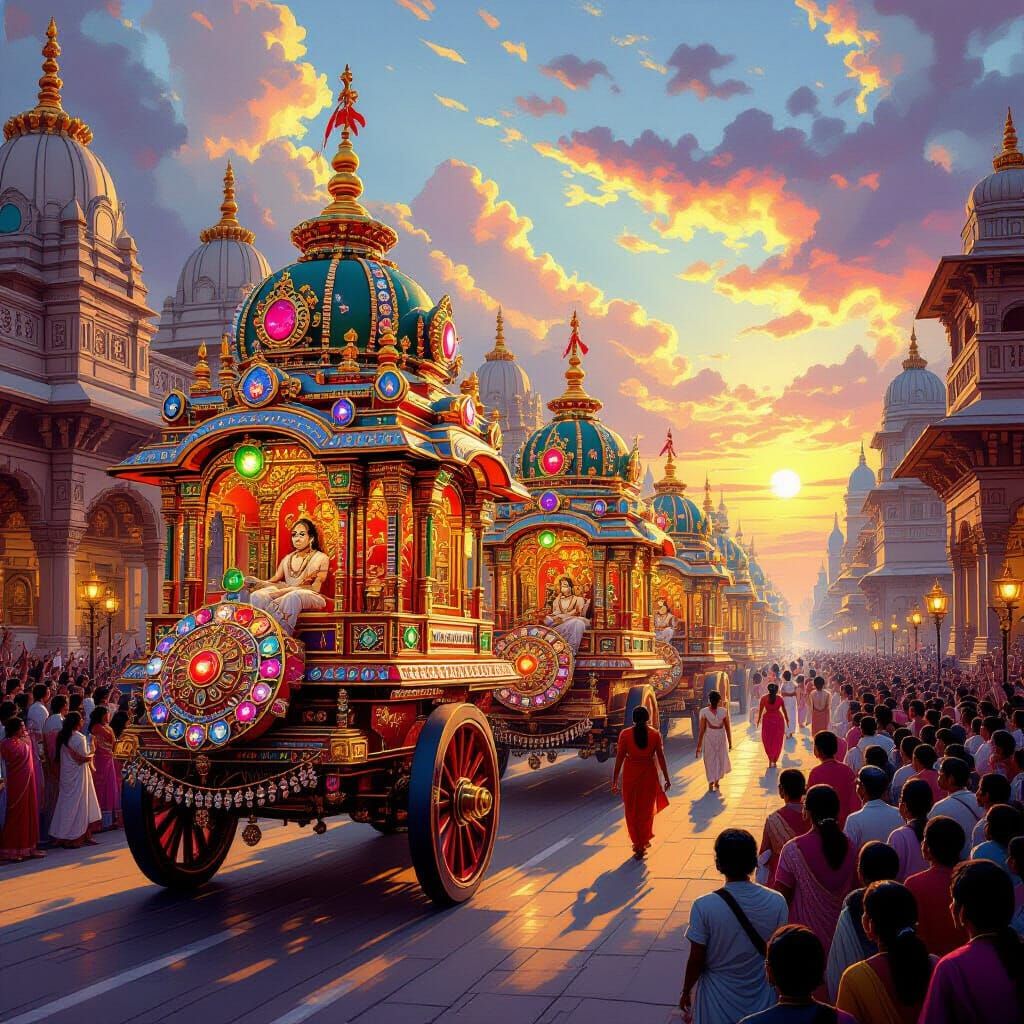 Vibrant Rath Yatra Festival with Gemstone Chariots