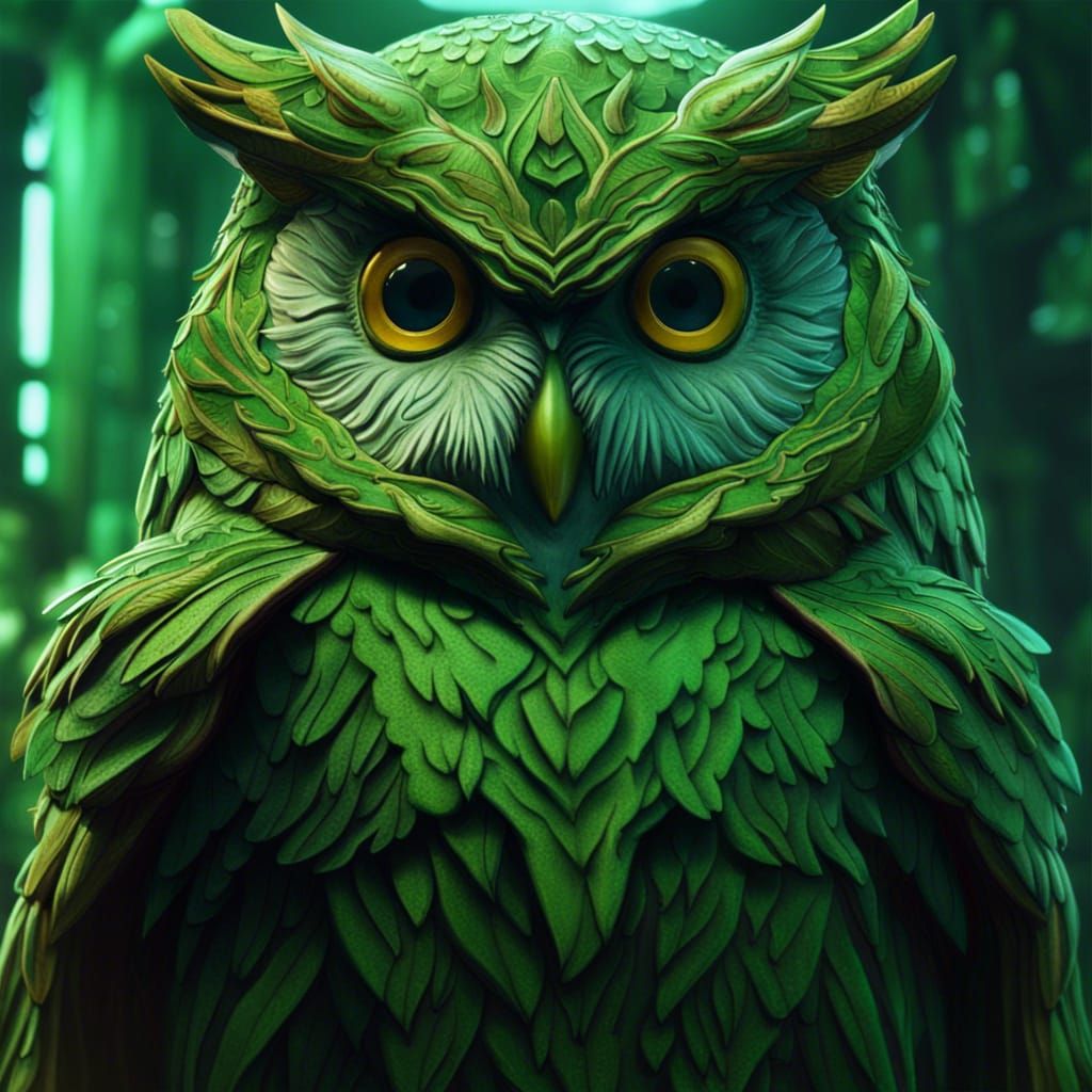 Detailed Green Owl Fantasy Concept Art