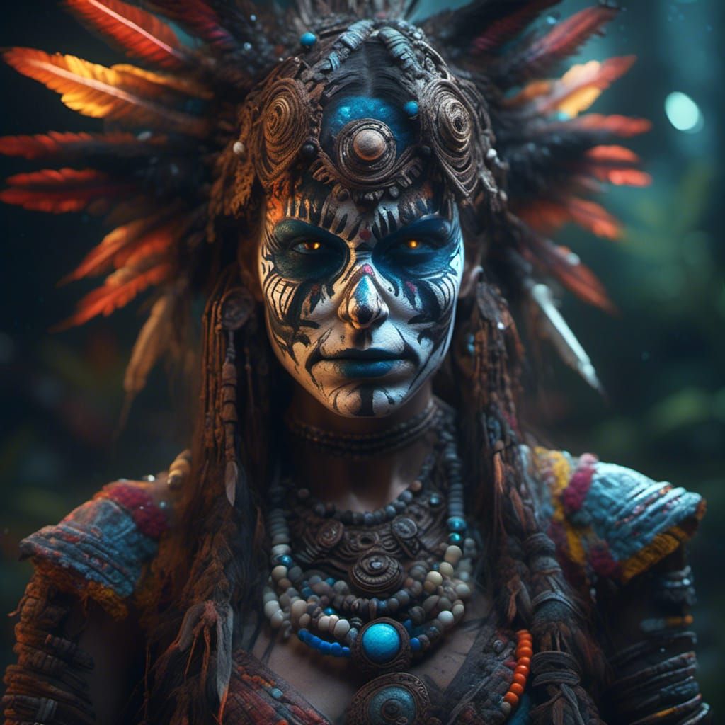 Colorful Shaman Portrait with Glowing Neon Eyes