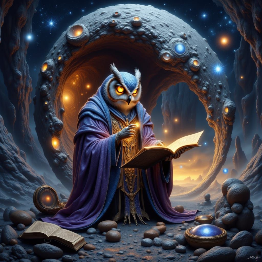 An owl, wise and ancient, dressed in a wizard's robe woven f...