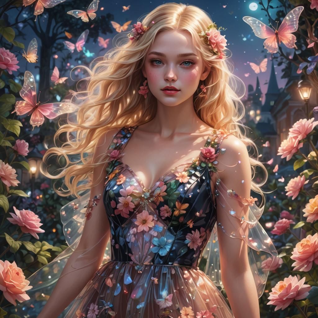 Blond Fairy in Night Garden, Candy Art Style