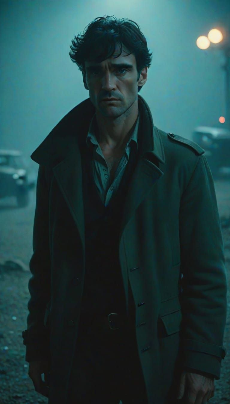 Moody Cinematic Portrait of a Dark-Haired Man in Rainy Condi...