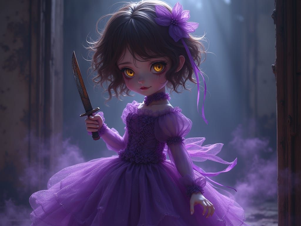 Ethereal Purple Energy Doll with Knife, Anime Style