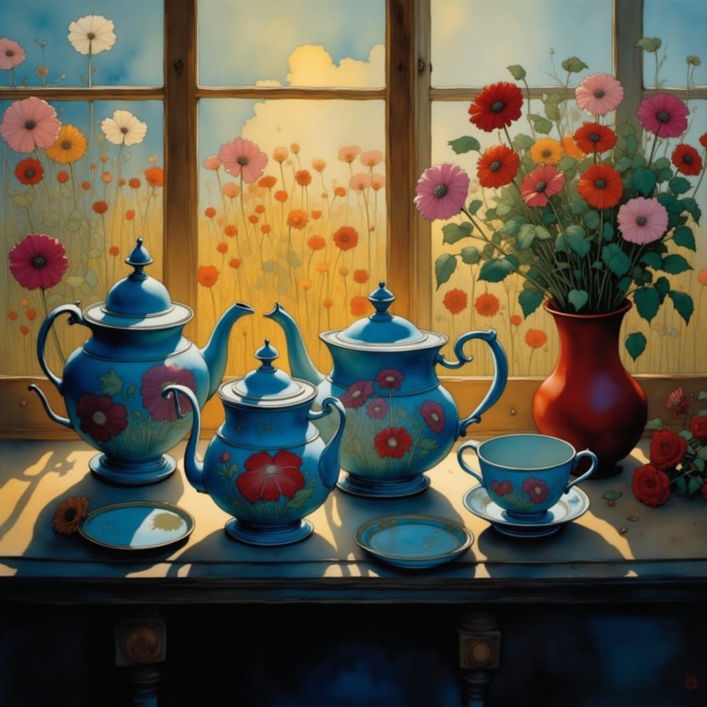 Ethereal Floral Tea Service Illuminated by Evening Light