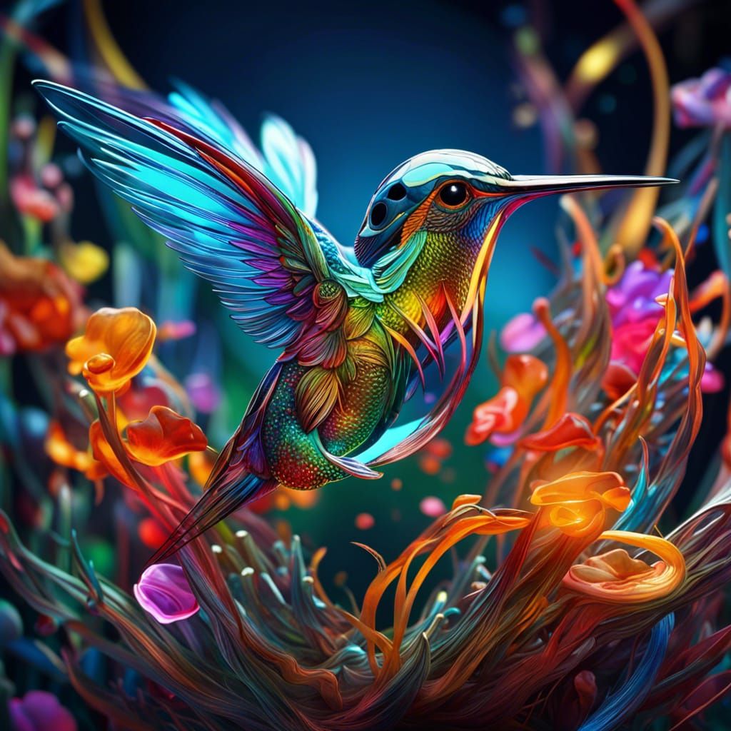 Glass Hummingbird with Crystal Flowers: Graffiti Art