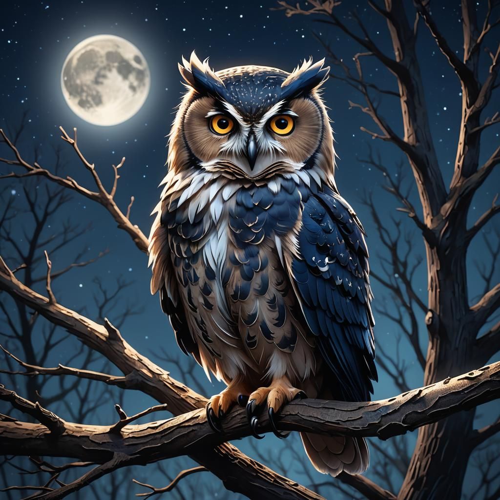 Fluffy Owl on Branch in Anime Style