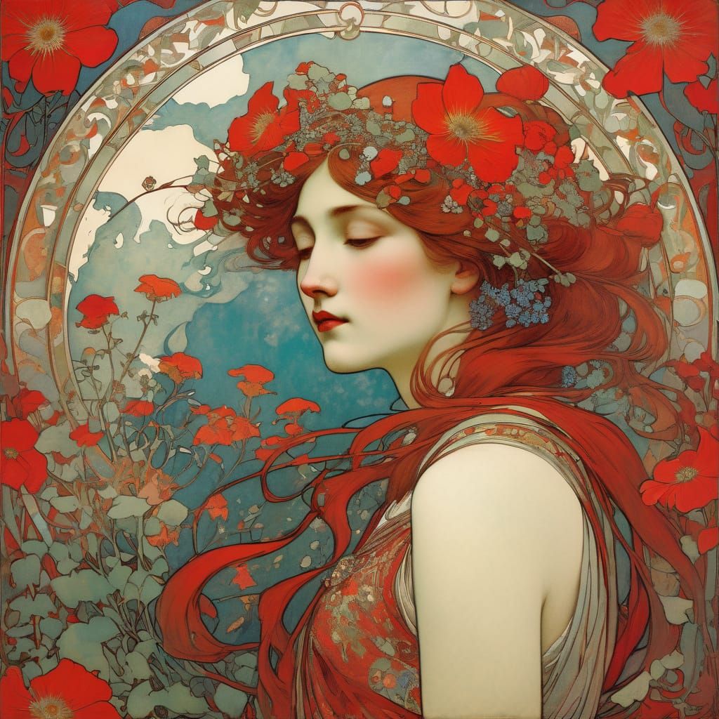 Red Wildflowers in Art Nouveau Style