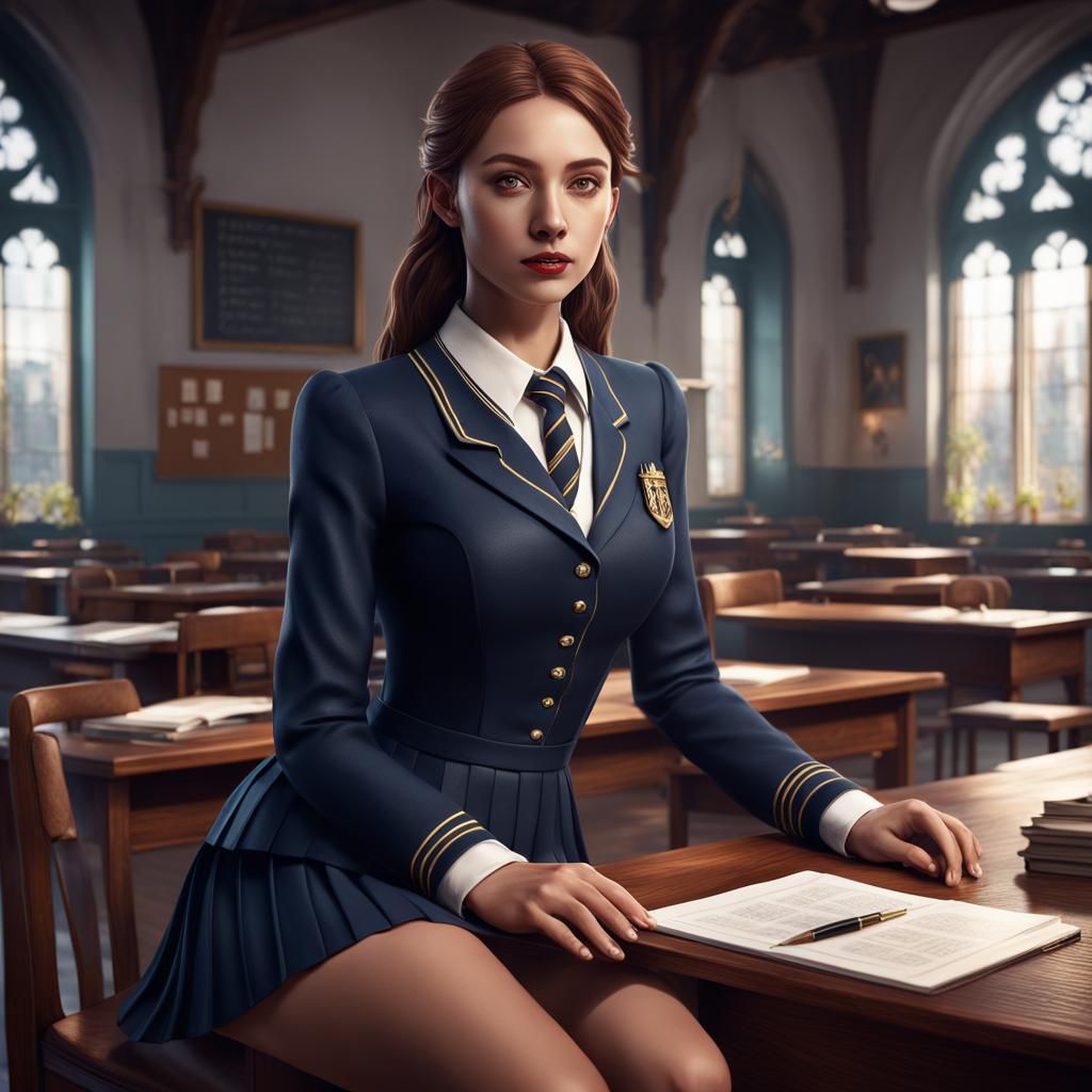 Young Woman in Catholic School Uniform: Detailed Matte Paint...