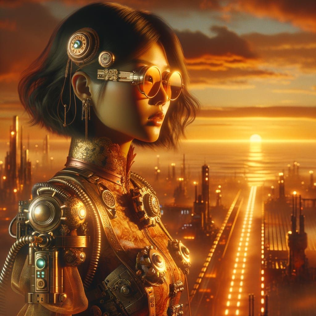 Retro-Futurist Heroine Overlooking Orange Coastline at Sunse...