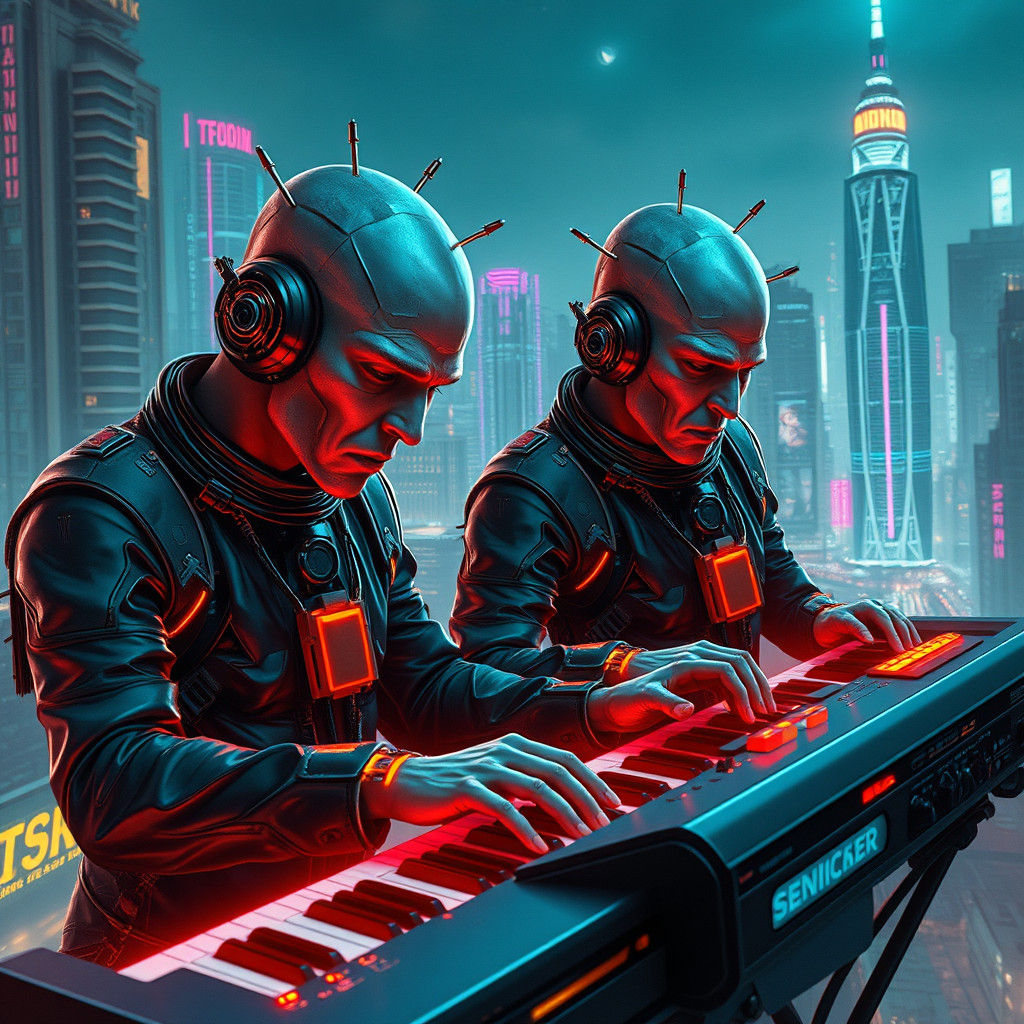 Cyberpunk Musicians in Dystopian Cityscape