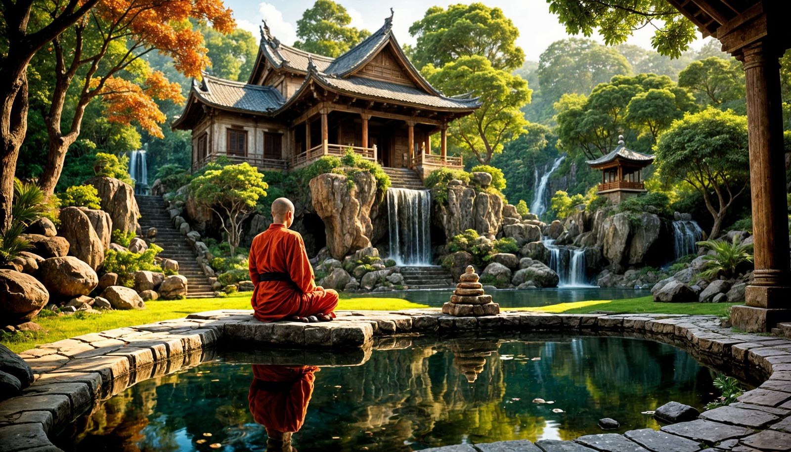 Serene Ancient Temple Waterfall Landscape with Meditating Mo...