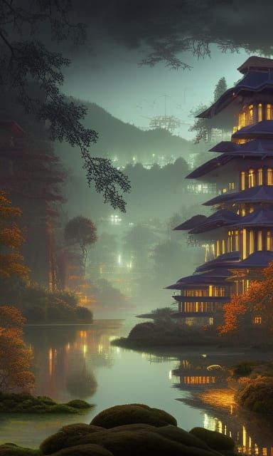 Futuristic Forest City with Crystal River in Cyberpunk Style