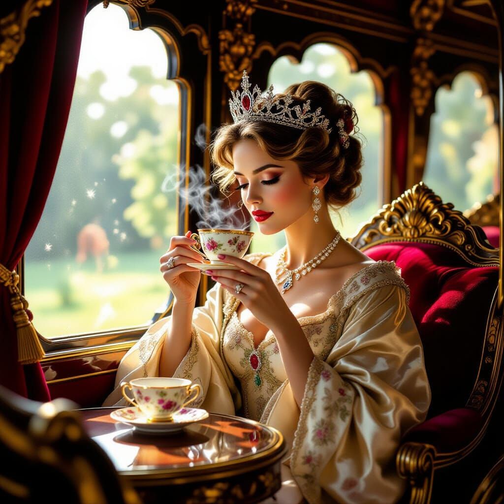 Regal Woman Sips Tea in Luxurious Carriage