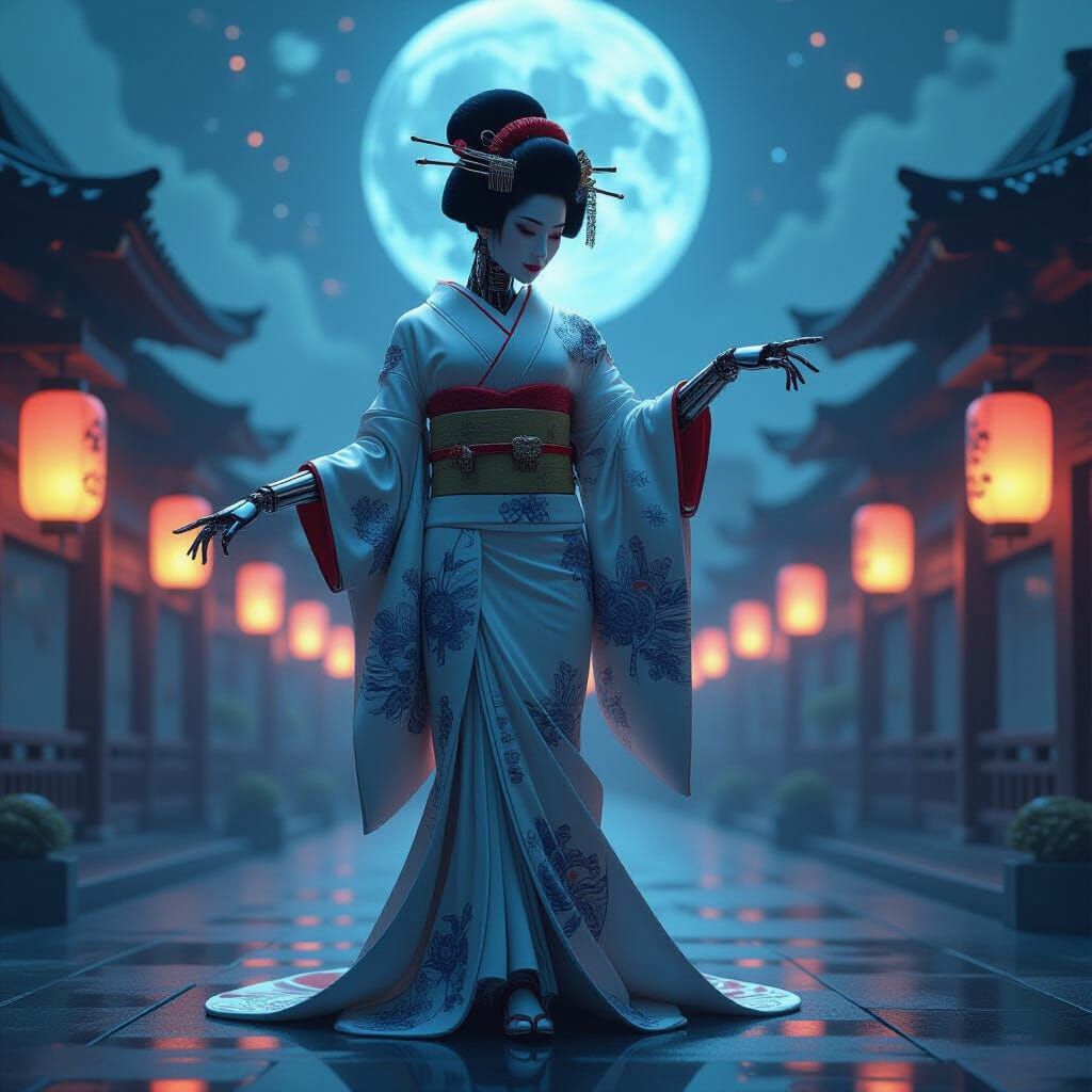 Cyborg Geisha's Dance in a Futuristic Cityscape