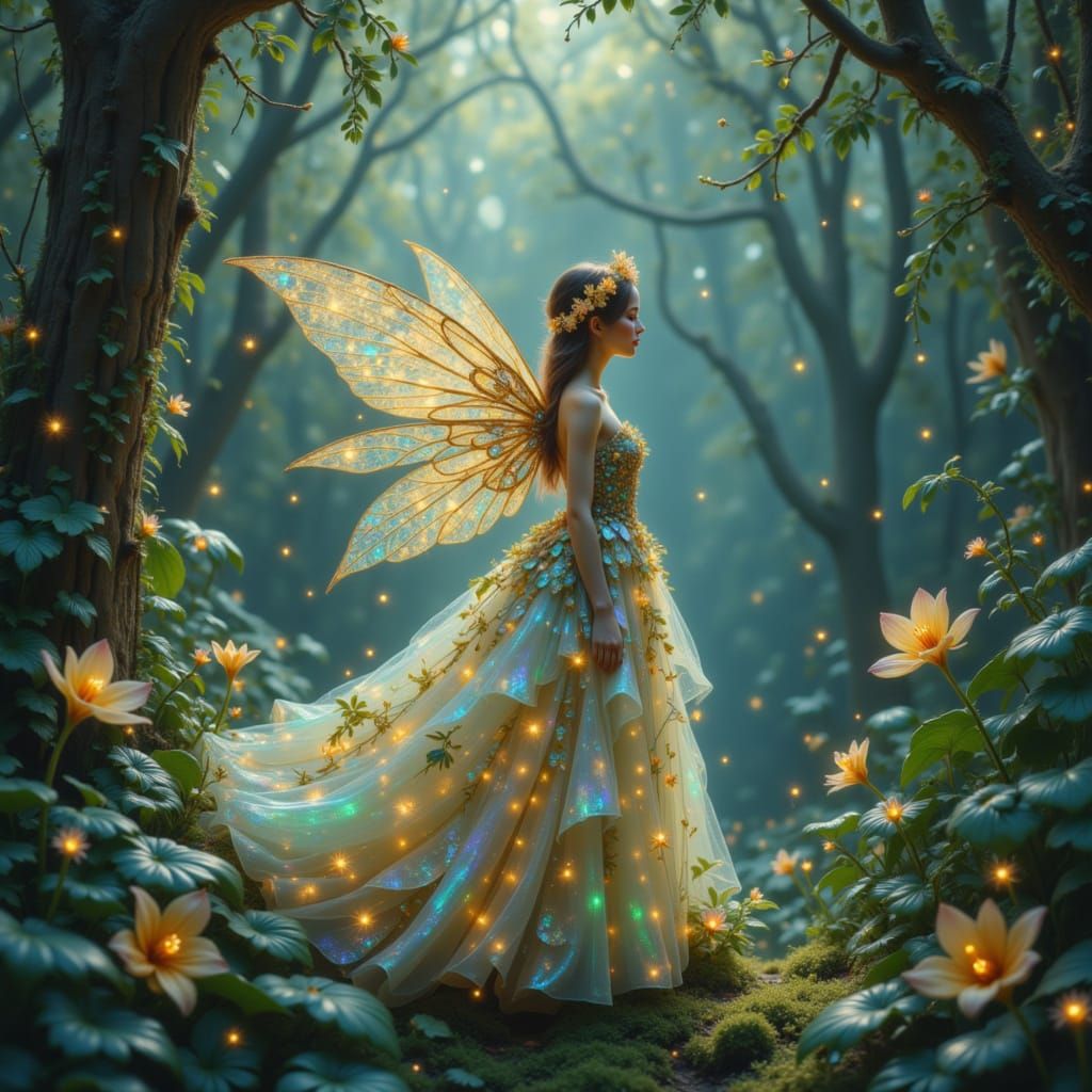 Whimsical Fairy in Enchanted Forest, Opalescent Dreams