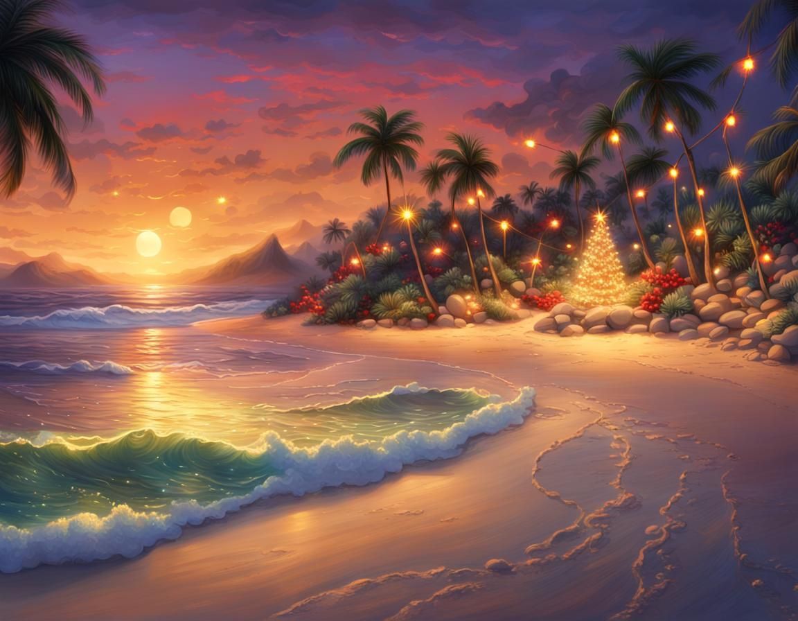 Festive Christmas Lights on Tropical Island Beach