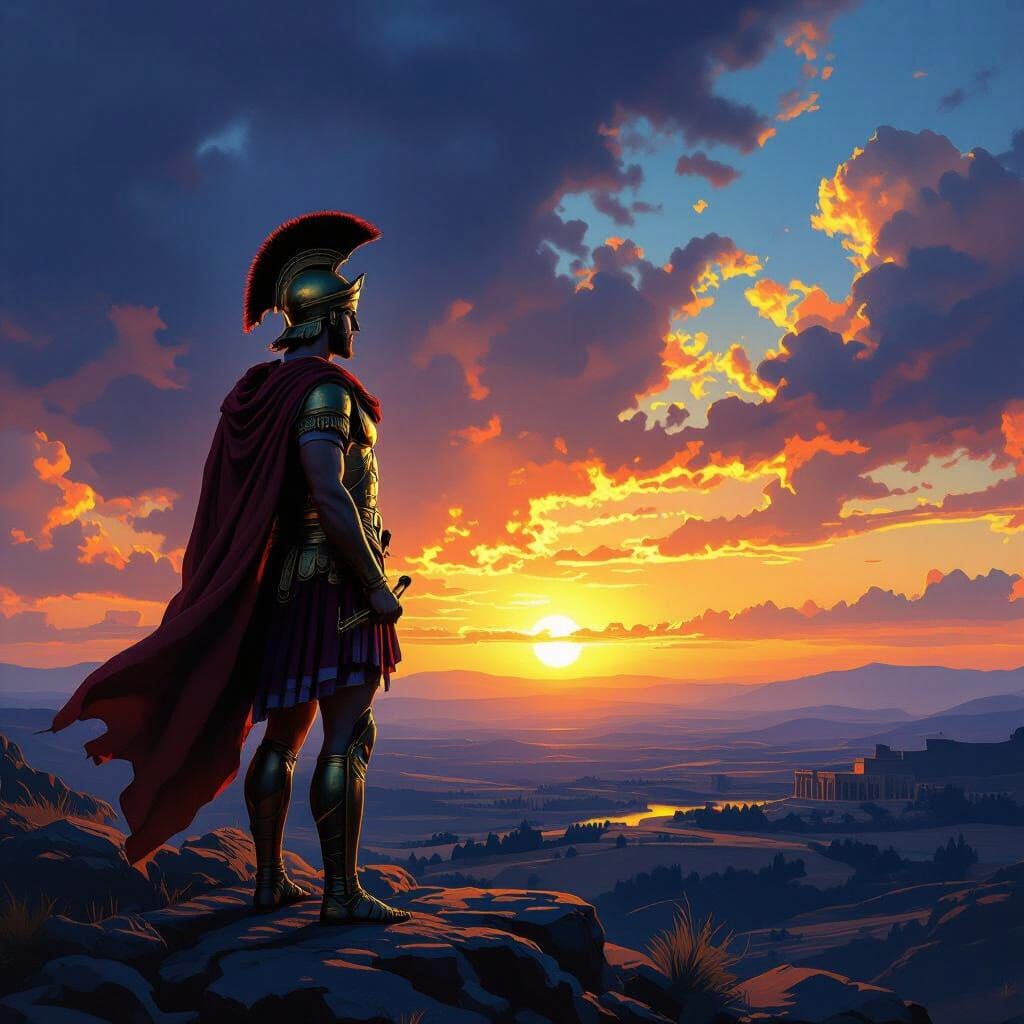 Heroic Alexander the Great Under Dramatic Sunrise